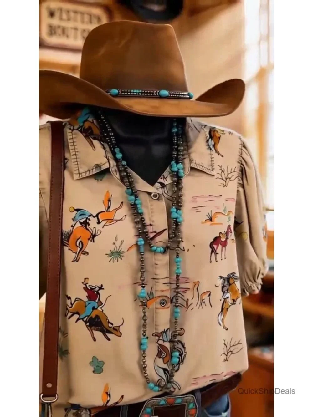 Western Cowboy Print Blouse V-Neck Short Sleeve Button-Down Puff Sleeve Top